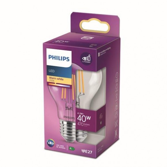 Philips 8718699761998 LED izzó 1x4,3W | E27 | 470lm | 2700K - melegfehér, átlátszó, EyeComfort