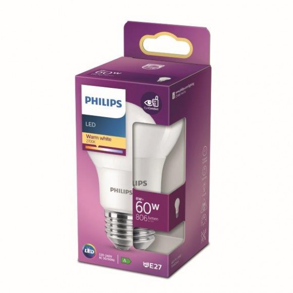 Philips 8718699769642 LED izzó 1x8W | E27 | 806lm | 2700K - melegfehér, matt fehér, EyeComfort