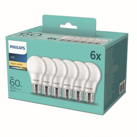 Philips 8718699775513 LED izzókészlet 6x8W-60W | E27 | 806lm | 2700K - 6 db-os készlet, fehér