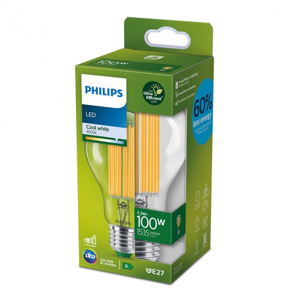 Philips 8719514435735 LED szénszálas izzó 1x7,3W/100W | E27 | 1535lm | 4000K -  átlátszó, Ultra Efficient